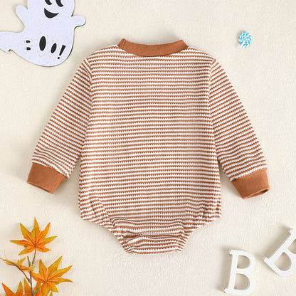 Baby Girl Waffle Knit Striped Long Sleeve Romper with Ghost Embroidery
