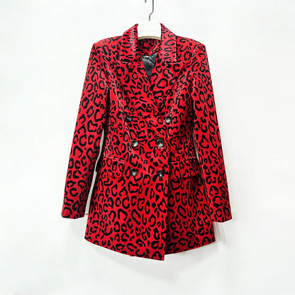 Leopard Print Double Breasted Blazer & Midi Pencil Skirt 2-Piece Suit Set