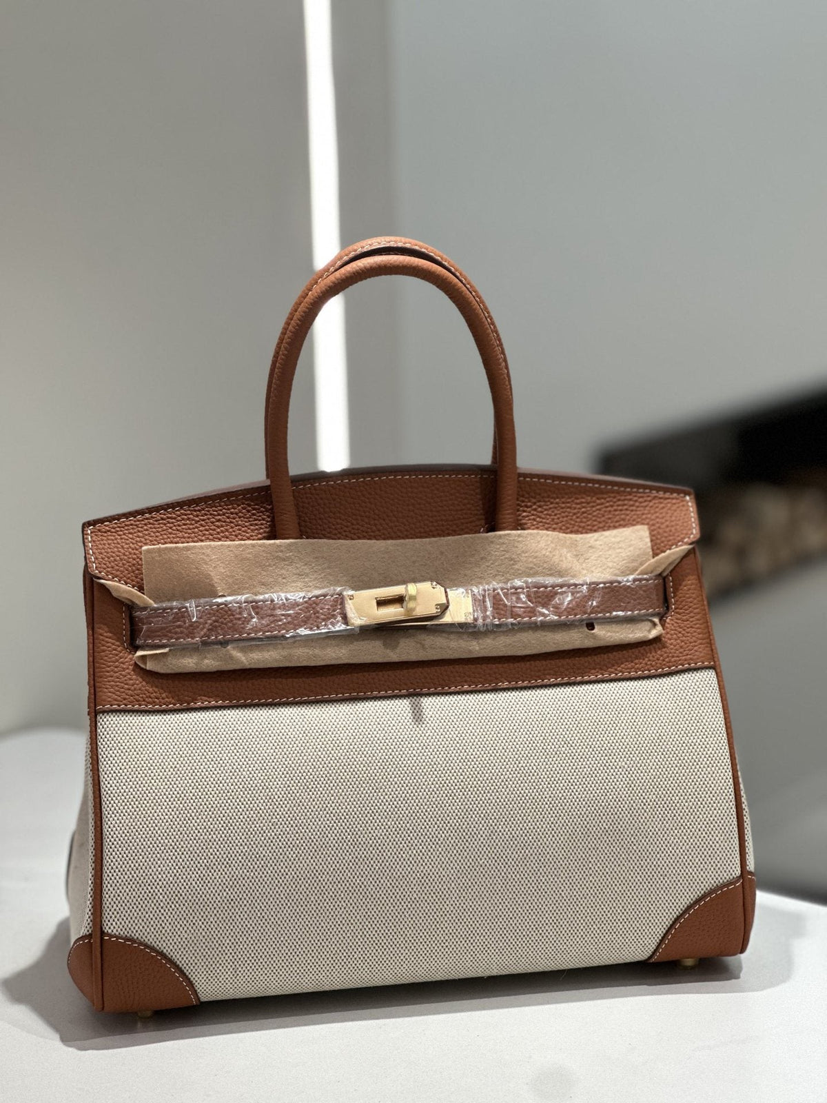 New Cross-border Genuine Leather Birkin Bag, Cowhide With Fabric Large Tote, Commuter Handbag With A High-end Kelly Bag Feel