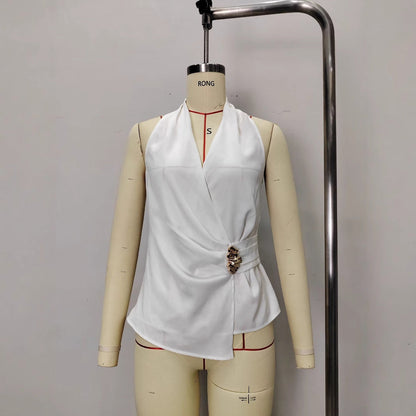 French-style Satin V-neck Slim-fit Sleeveless Blouse With Tie Detailing