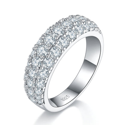 S925 Sterling Silver 3-Row Pave Moissanite Ring, 1.9ct D-VVS1 Eternity Band, Platinum Plated US Sizes 5-9, GRA Certified Gift Box