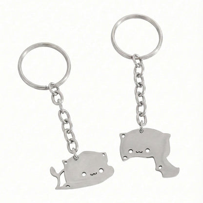 2Pcs Cute Dudu Bubu Hug Cat Couple Keychain Set, Stainless Steel Double Cat Charms, Round Key Ring & Heart Lobster Clasp, Sweet Matching Pair Gift For Lovers