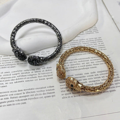 Shimmering Light-luxury Golden Skull Open Bangle Studded With Diamonds