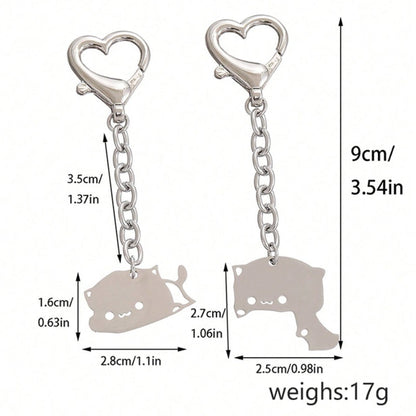 2Pcs Cute Dudu Bubu Hug Cat Couple Keychain Set, Stainless Steel Double Cat Charms, Round Key Ring & Heart Lobster Clasp, Sweet Matching Pair Gift For Lovers