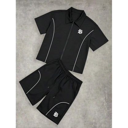 Striped Zip-front Short-sleeve Shirt And Shorts Set
