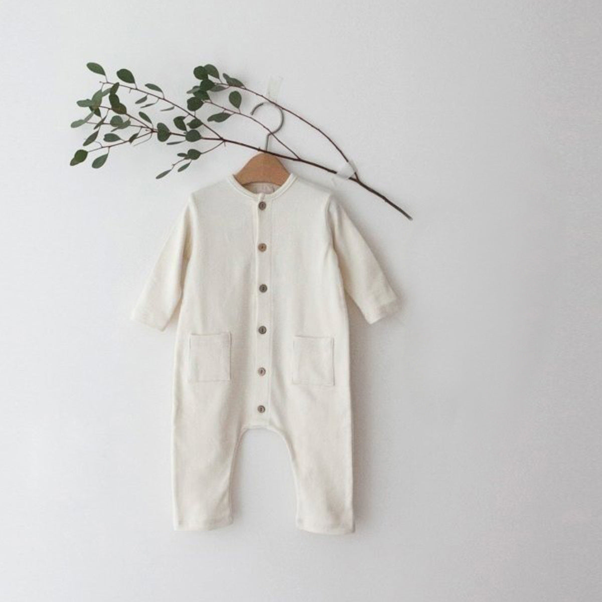 Solid-color Pocketed Chest-opening Baby Romper