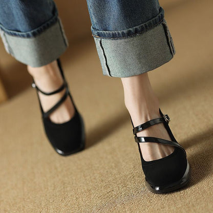 French Square Toe Mary Jane Shoes For Children's Spring 2025 New Style, Thick Heel Cross With Shallow Mouth High Heels, Worn As A Single Shoe Outside