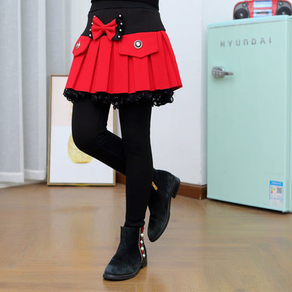 Thickened Fleece-Lined Base Leggings With Beaded Bow In Two Colors