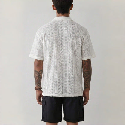Old Money Style Cuban Collar Hollow Out Knitted Short Sleeve Shirt