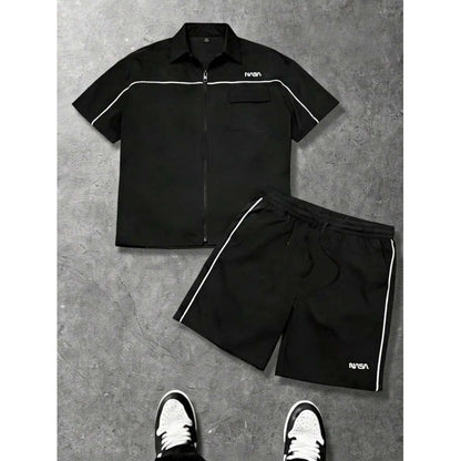 Striped Zip-front Short-sleeve Shirt And Shorts Set