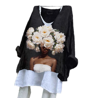 SpringSummer V-neck Long-sleeve Shirt Artistic Retro And Relaxed-fit