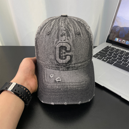 Monochrome Three-dimensional Letter Embroidered Frayed Beveled-edge Washed-out Vintage Style Casual Baseball Cap Suitable For Outdoor Entertainment
