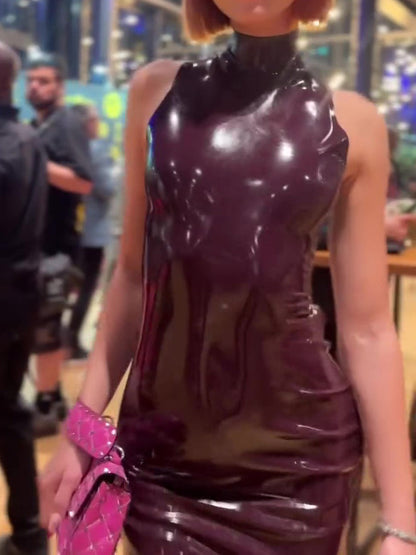 Patent Leather Halter Cross-Strap Mermaid Maxi Dress