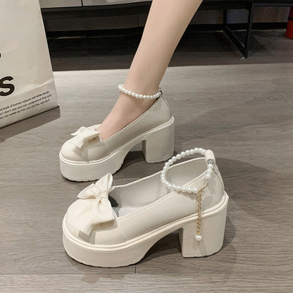 Pearl Bow High-heeled Leather Shoes