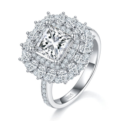 S925 Sterling Silver 2ct Princess Cut Moissanite Ring, D-VVS1 Double Halo Cluster, Platinum Plated 5.8g US Sizes 5-9, GRA Certificate Gift Box