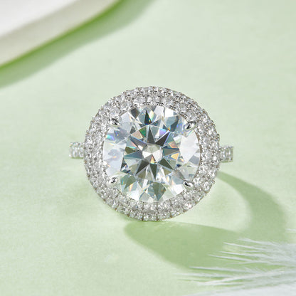 S925 Sterling Silver 8ct Moissanite Ring, 13mm D-VVS1 Double Halo Pave Band, Platinum Plated US Sizes 5-9 GRA Gift Box