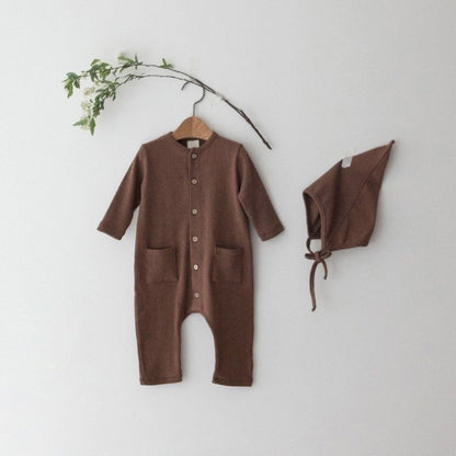 Solid-color Pocketed Chest-opening Baby Romper
