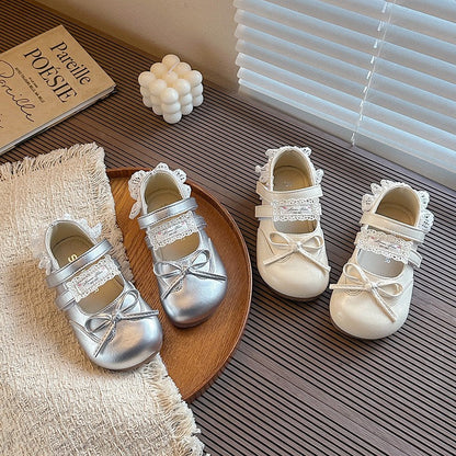 2026 Summer New Girls Mary Jane Shoes, Lace Trim Bow Decor Soft Sole Non-slip Kids Leather Fashion Flats