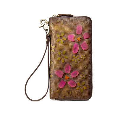 Long Vintage Handcrafted Distressed Zipper Purse Top-Grain Leather Wallet