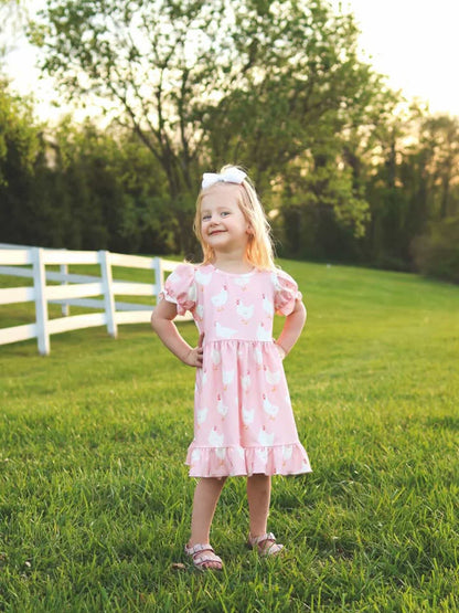 Farm Spring Chicken Print Girls Ruffle Dress