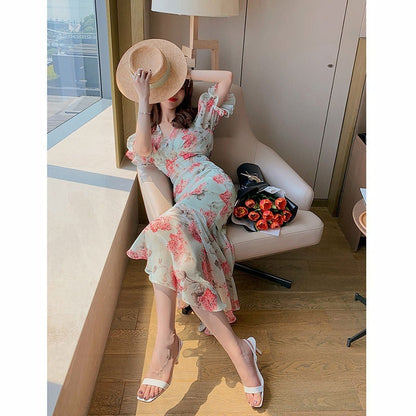 Stylish, Sophisticated, High-end Asymmetrical Chiffon Floral Dress