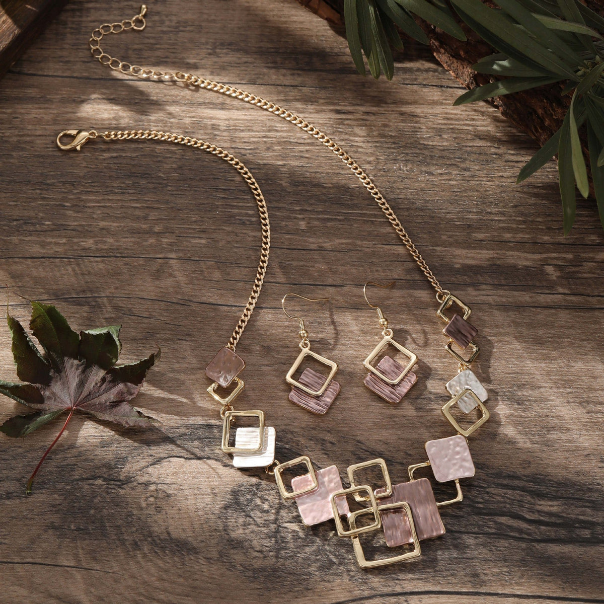Color Painting Oil Geometric Square Ear Studs Bracelet And Necklace Set