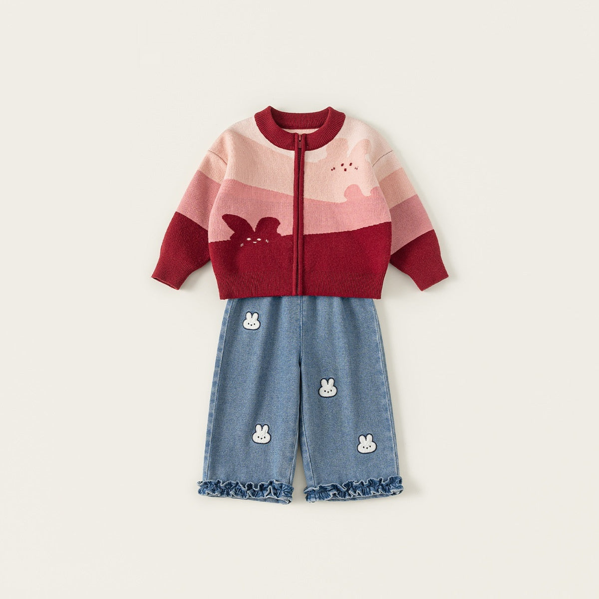 Cartoon Girls Sweater Jeans Set Acrylic Knitted