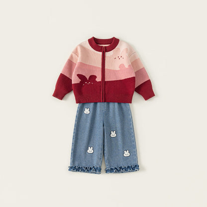 Cartoon Girls Sweater Jeans Set Acrylic Knitted