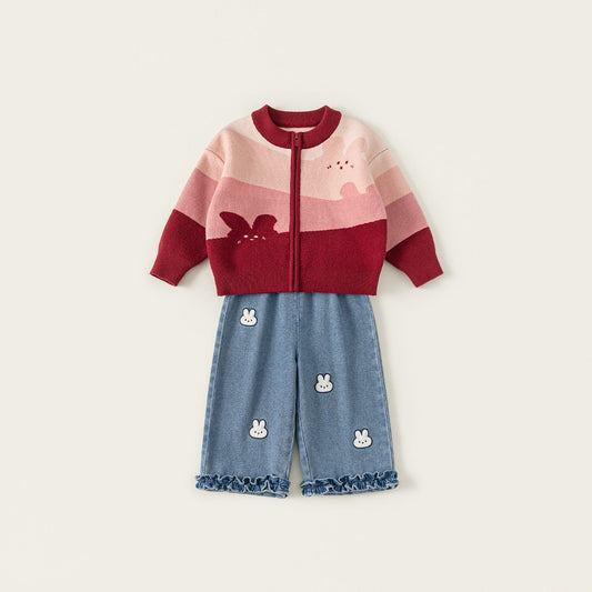Cartoon Girls Sweater Jeans Set Acrylic Knitted