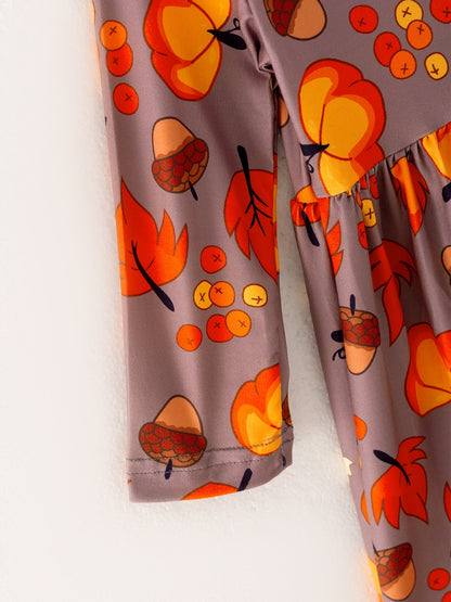 Fall Autumn Leaves Pine Cone Stripe Print Girls Dress
