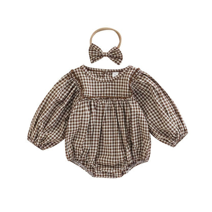 Simple Plaid-Print Long-Sleeve Outfit For Infants And Toddlers