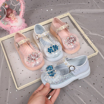 2026 Spring & Autumn New Girls Light-Up Princess Leather Shoes, Elsa Crystal Soft Sole Flat Shoes, Little Girls Pearl Decor Single Shoes