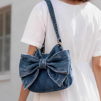 Large-Capacity Denim Crossbody Bag With Bow