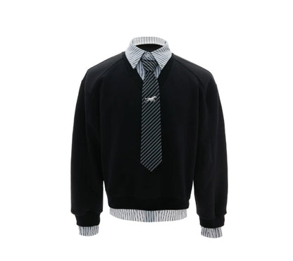 Striped Mock-two-piece Lapel Hoodie Cropped And Relaxed-fit