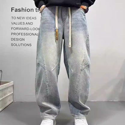 Patchwork Vintage Washed Loose Straight-leg Pants American-style Edgy And Cool Sabre-cut Trousers