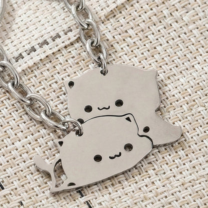 2Pcs Cute Dudu Bubu Hug Cat Couple Keychain Set, Stainless Steel Double Cat Charms, Round Key Ring & Heart Lobster Clasp, Sweet Matching Pair Gift For Lovers