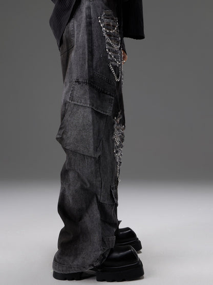Retro Distressed Denim Jeans With Pearl And Metal Hardware Work Pants