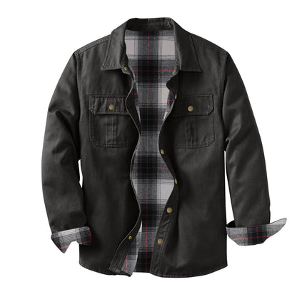 Washed Canvas Work Jacket With A Plaid Lining, Durable And Warm