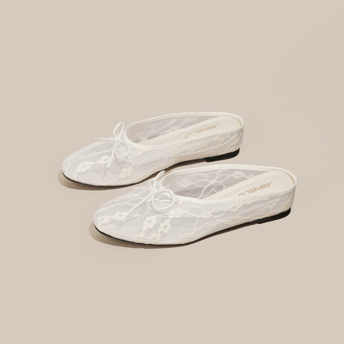 4cm Hidden-Heel Bow-Knot Lace Fishnet Breathable Hollowed-Out Closed-Toe Half Slippers