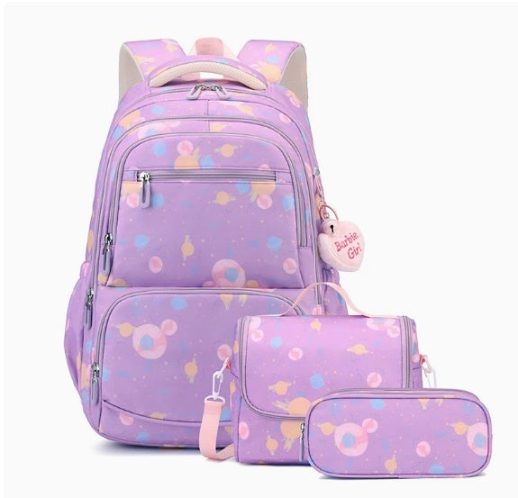 Three-piece Cartoon-print Set Junior High School Backpack Weight-reducing Campus Bag