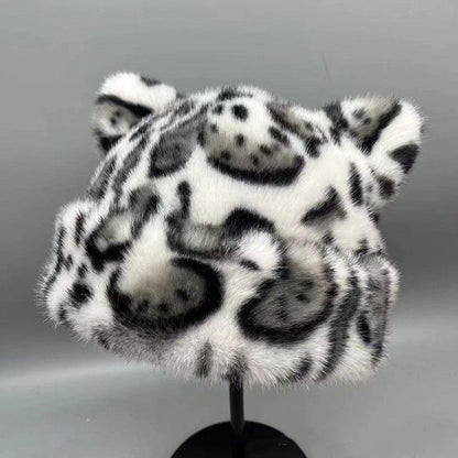 Japanese-style Leopard-print Bear-ear Plush Fisherman Hatcute Soft Warm Extra-thick And Lined With Plush