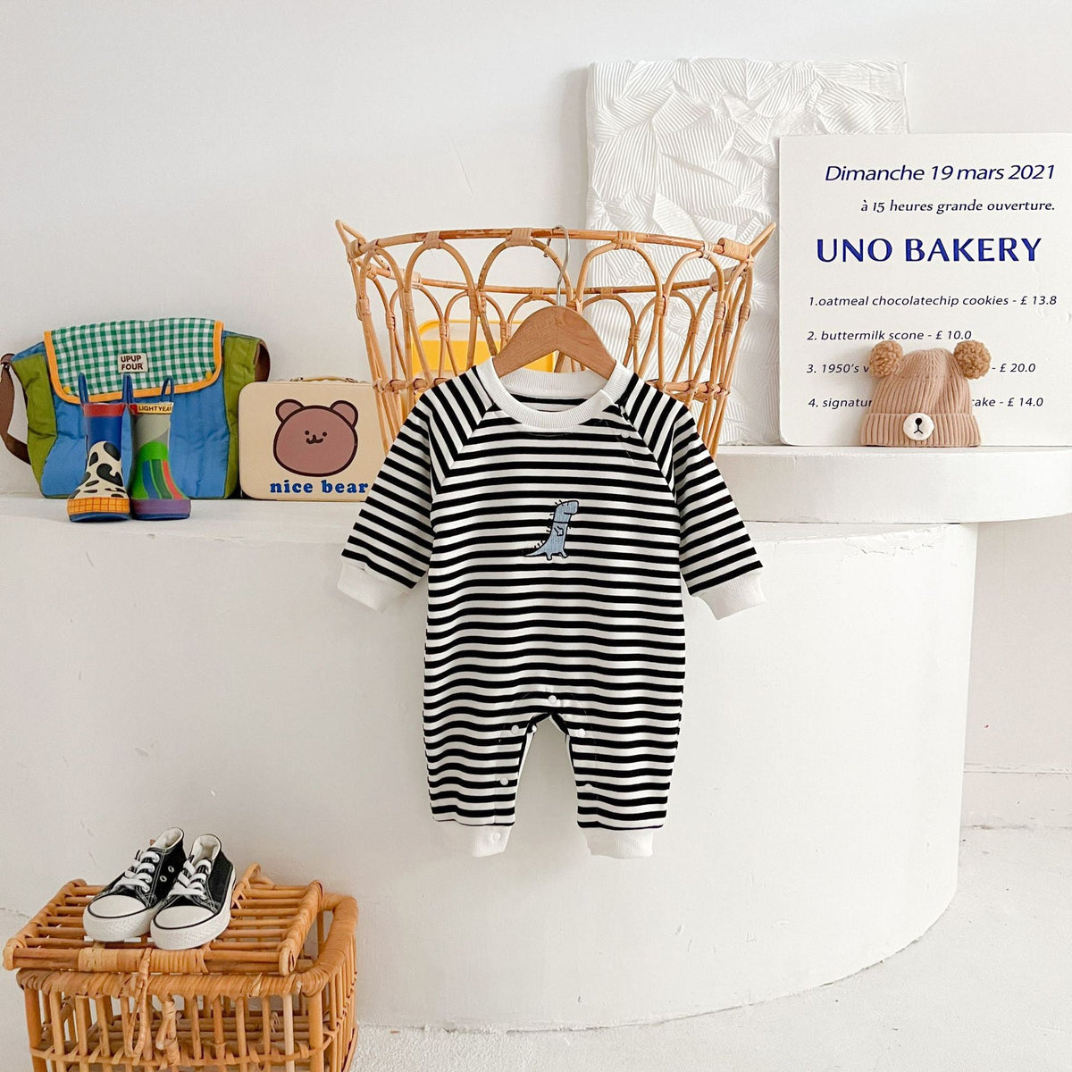 Springautumn New Arrival Striped Dinosaur-embroidered Baby Romper For 0 2 year olds