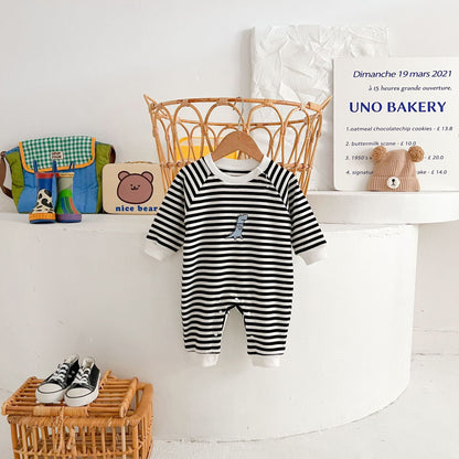Springautumn New Arrival Striped Dinosaur-embroidered Baby Romper For 0 2 year olds