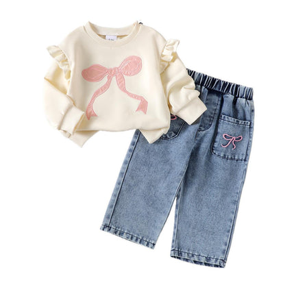 Long-sleeve Bow-print Hoodie Denim Jeans