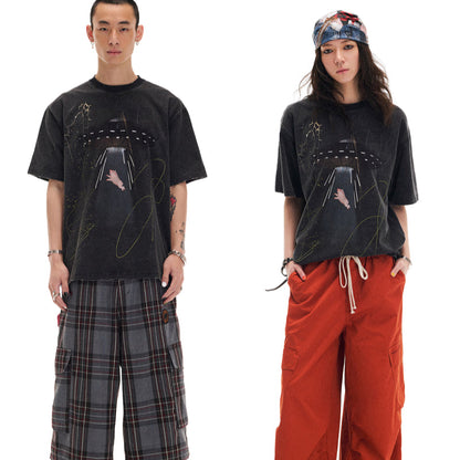 Orange Short-Sleeve T-Shirt With A Flying Saucer And Piglet Print