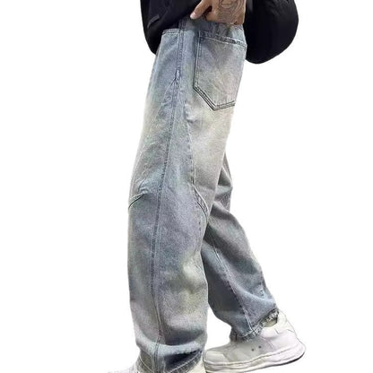 Patchwork Vintage Washed Loose Straight-leg Pants American-style Edgy And Cool Sabre-cut Trousers