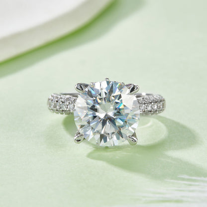 S925 Sterling Silver 5ct Moissanite Engagement Ring, 11mm D-VVS1 Round Cut, 4-Prong Pave Band, Platinum Plated US Sizes 5-9, GRA Certificate Gift Box