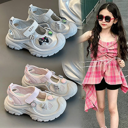 Trendy Brand Kids Mary Jane Sneakers, Hollow Out Heel Design, Hook-and-Loop Slip-On Breathable Mesh Shoes For Girls