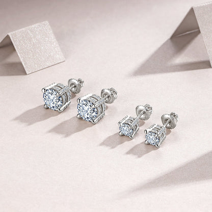 S925 Sterling Silver Moissanite Stud Earrings, 0.5&2ct D-VVS1 4-Prong Basket Pave With Screw Backs, GRA Certificate Gift Box