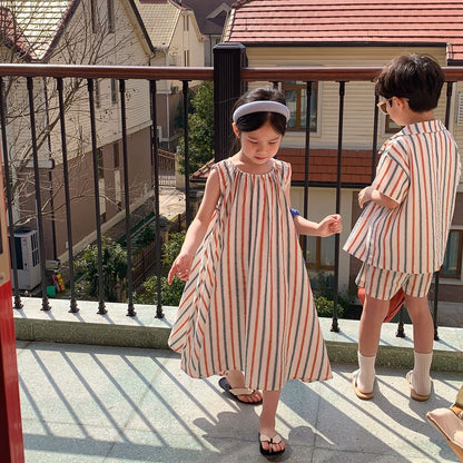 Striped Vest Dress And Short-sleeve Shorts Set